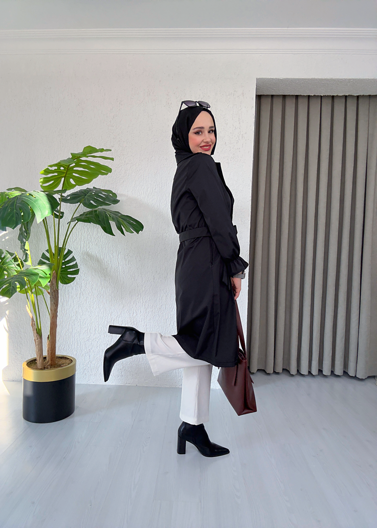 Bilek Büzgü Lastikli Kuşaklı Trençkot