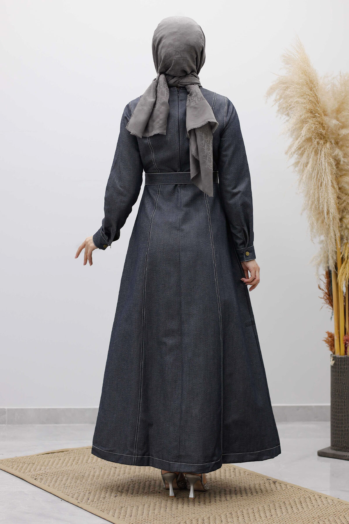 Boydan Dikiş Detaylı Kot Elbise Kot