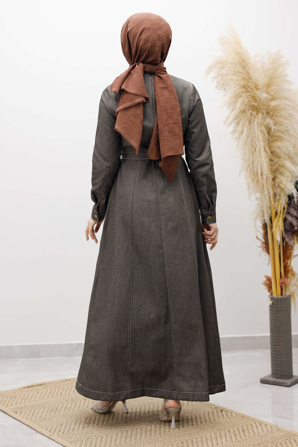 Boydan Dikiş Detaylı Kot Elbise Füme