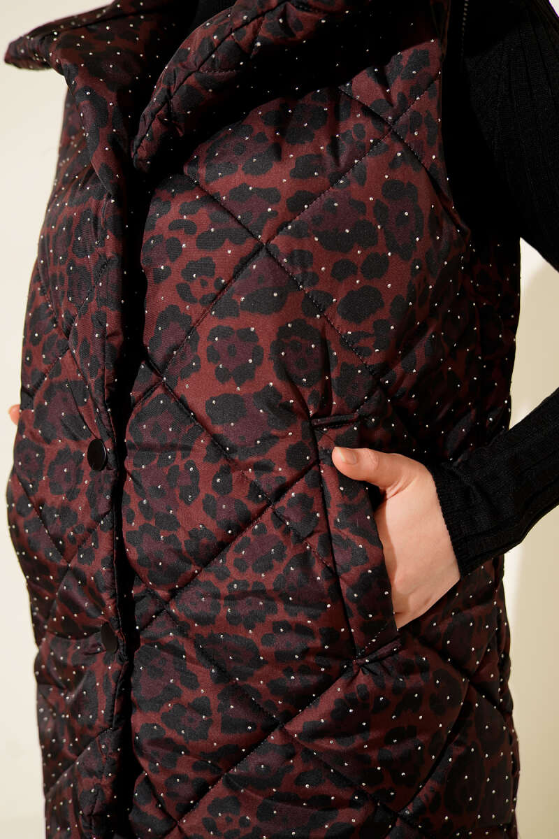 Leopar Desen Taşlı Kapitone Yelek Kahve