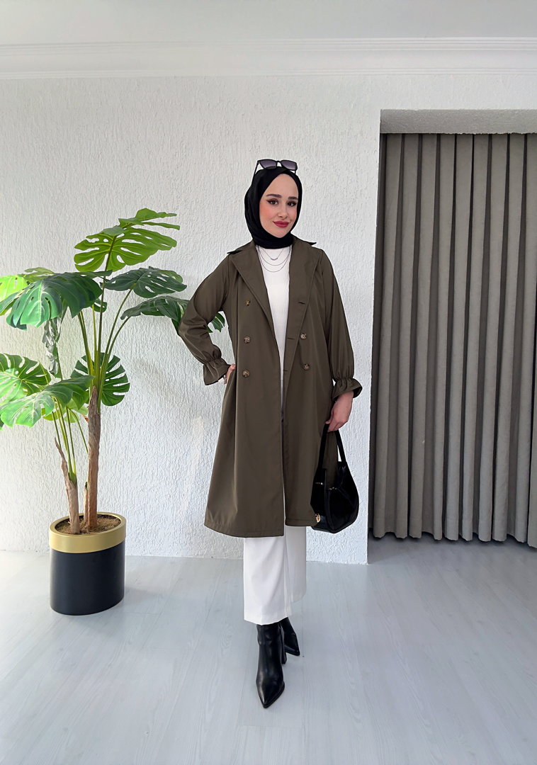 Bilek Büzgü Lastikli Kuşaklı Trençkot