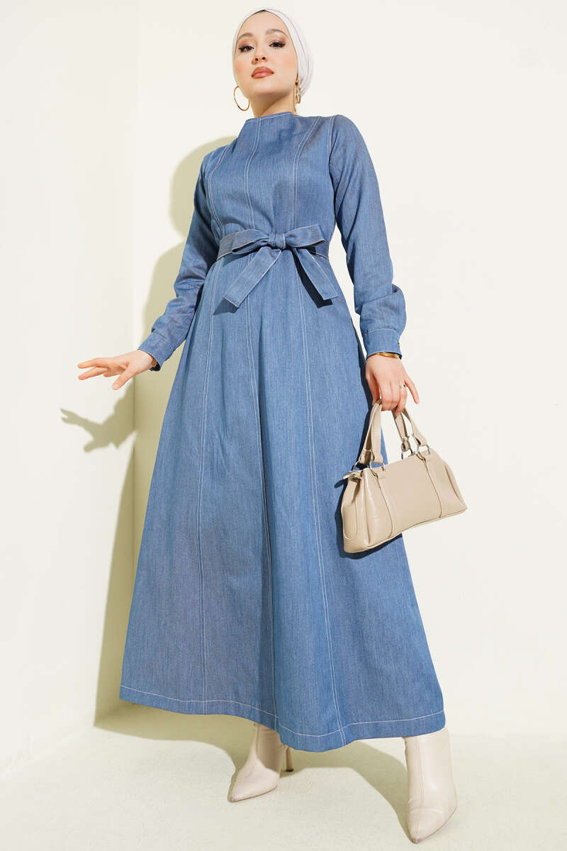 Boydan Dikiş Detaylı Kot Elbise Kot Mavisi