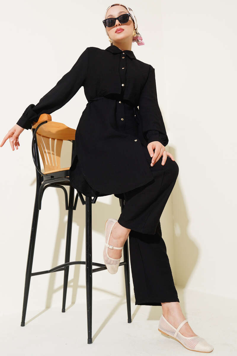 Pelerinli İp Bağcıklı İkili Takım Siyah