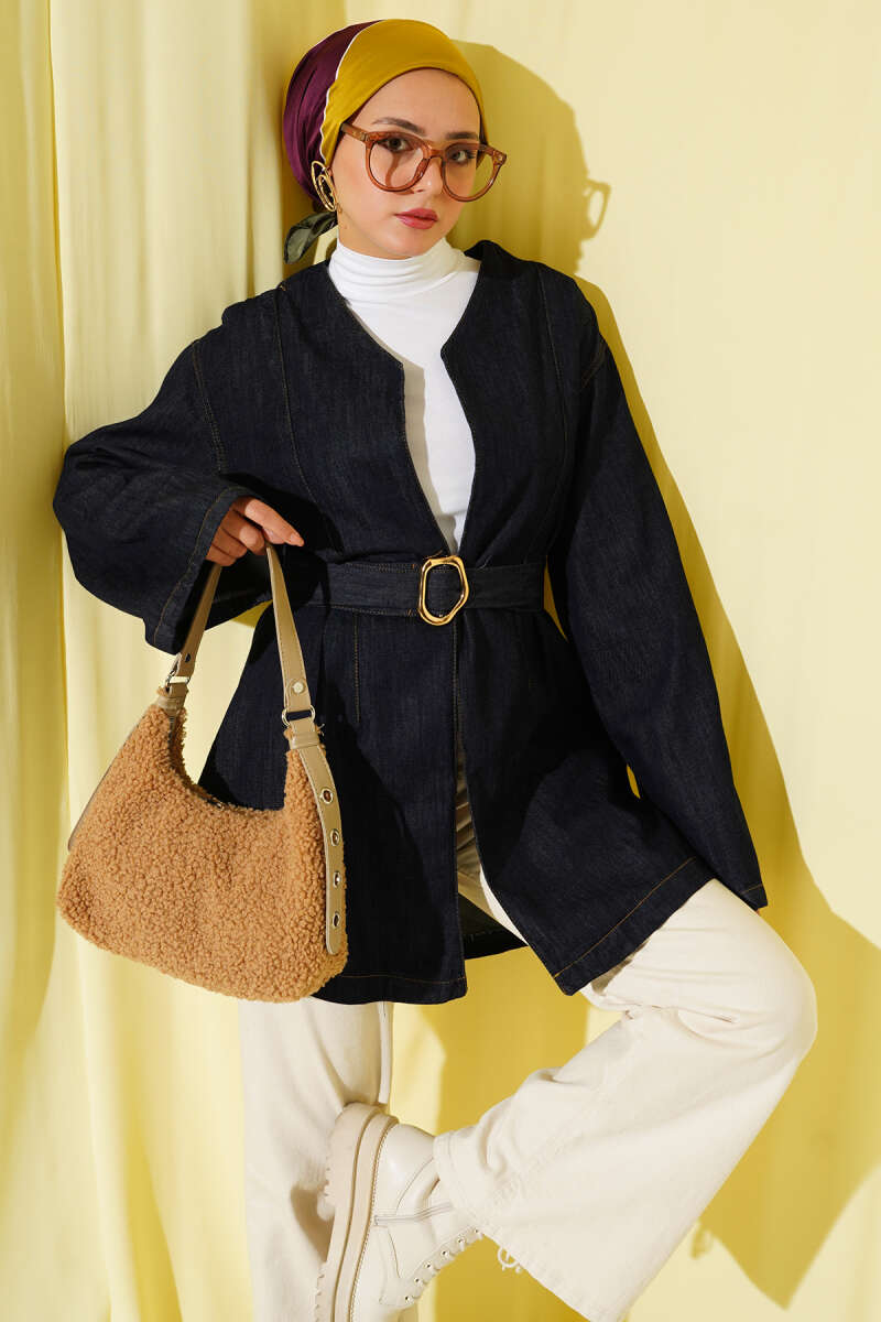 KUŞAK TOKA DETAYLI KOT KİMONO