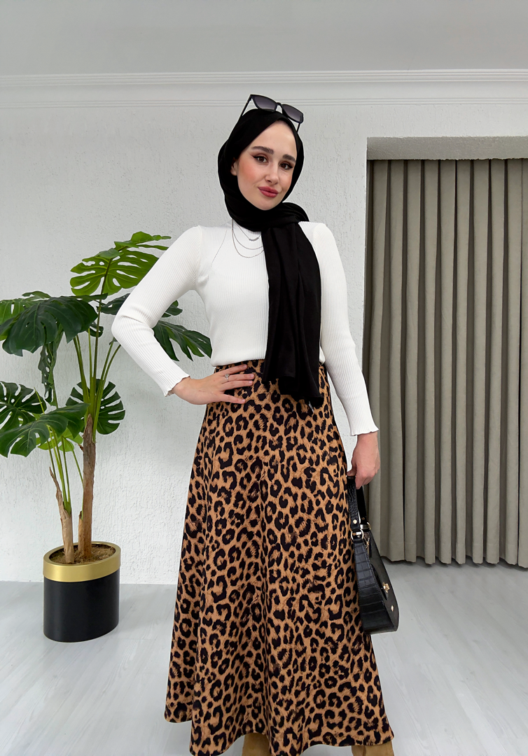 BEL LASTİKLİ  LEOPAR DESEN SCUBA ETEK