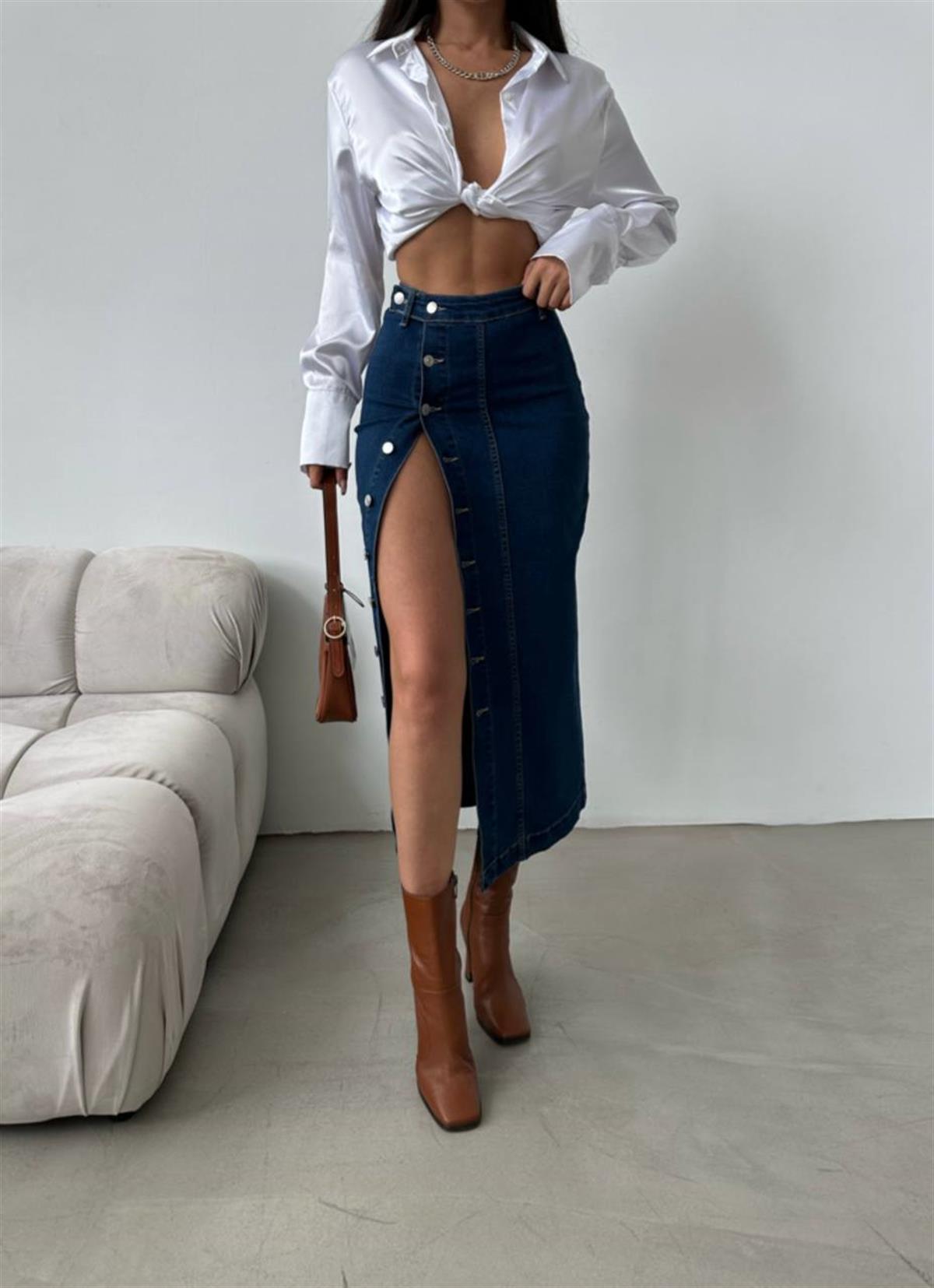 BOYDAN DÜĞMELİ KOT ETEK