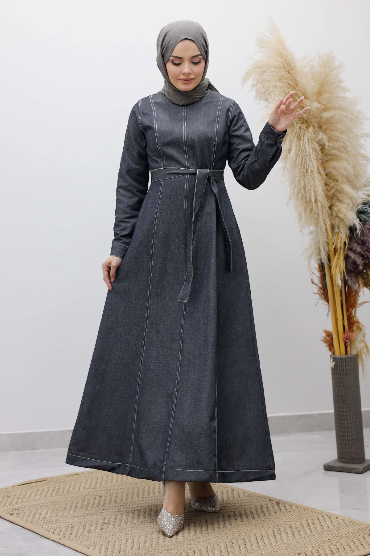 Boydan Dikiş Detaylı Kot Elbise Kot