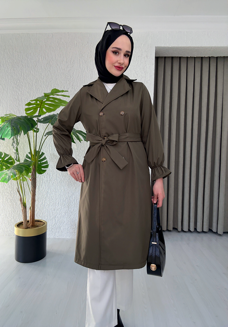 Bilek Büzgü Lastikli Kuşaklı Trençkot