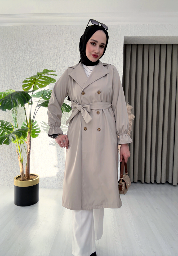 Bilek Büzgü Lastikli Kuşaklı Trençkot